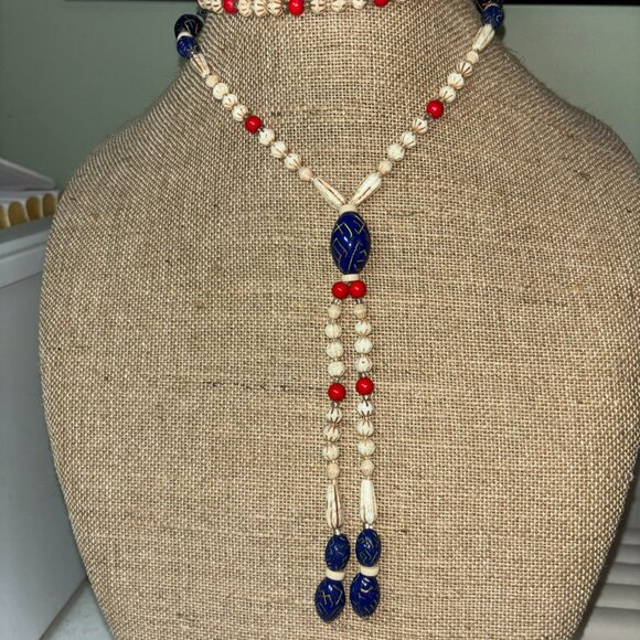 Preowned Handmade Tribal Carved Beads 32” Long With 6” Tassle - Picture 2 of 5